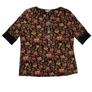 Sundance Floral Top Womens M Boho Black Multicolor Short Sleeve